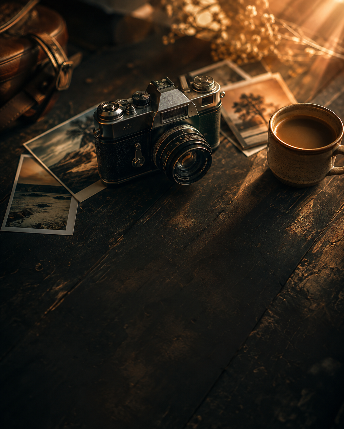 Cámara fotográfica vintage sobre una mesa junto a fotografías y café